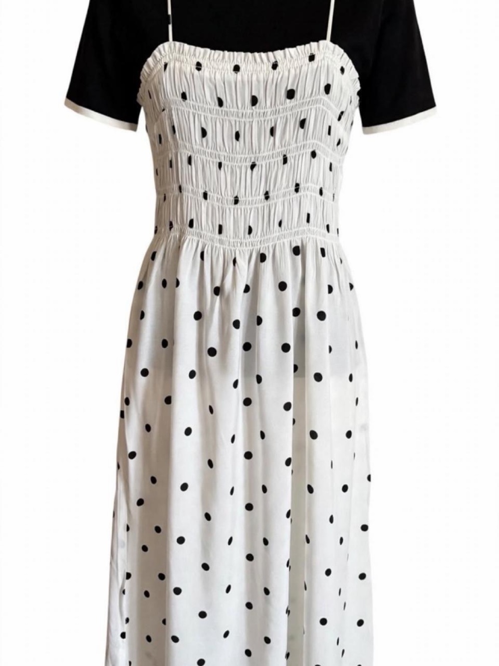 H&M Set - Black Ringer T-Shirt & White Black Polka Dot Cami Midi Dres Size Med